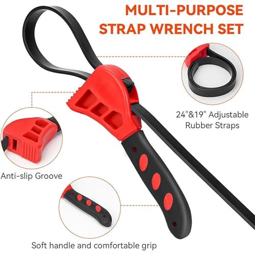 2-Pack Adjustable Rubber Strap Wrench Set – 25.20" & 20.48" Heavy-Duty Red