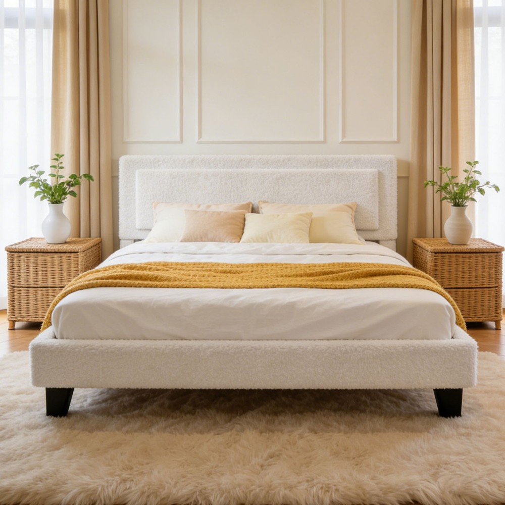 Bed Frame Full Size Upholstered Bed Frame with Adjustable Headboard Solid Wood