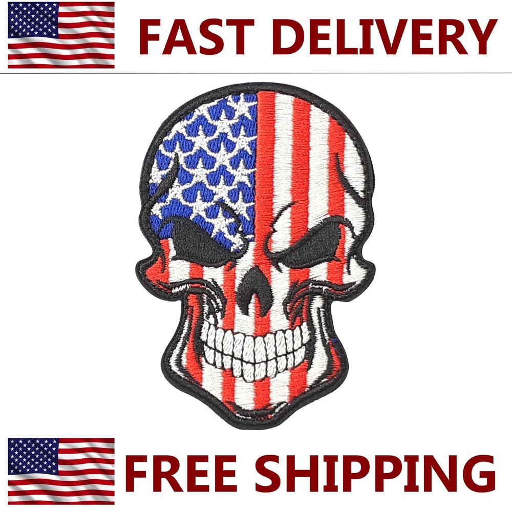 Skull US Red-Blue - Embroidered Patch  - Hook and Loop - Morale Patch