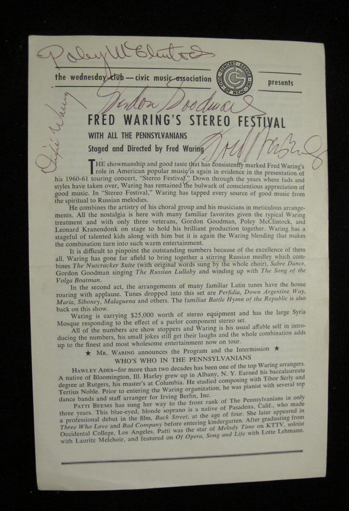1960'S WARING'S PROGRAM: SIGNED DIXIE WARING, GORDON GOODMAN, POLEY McCLINTOCK