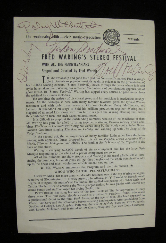 1960'S WARING'S PROGRAM: SIGNED DIXIE WARING, GORDON GOODMAN, POLEY McCLINTOCK