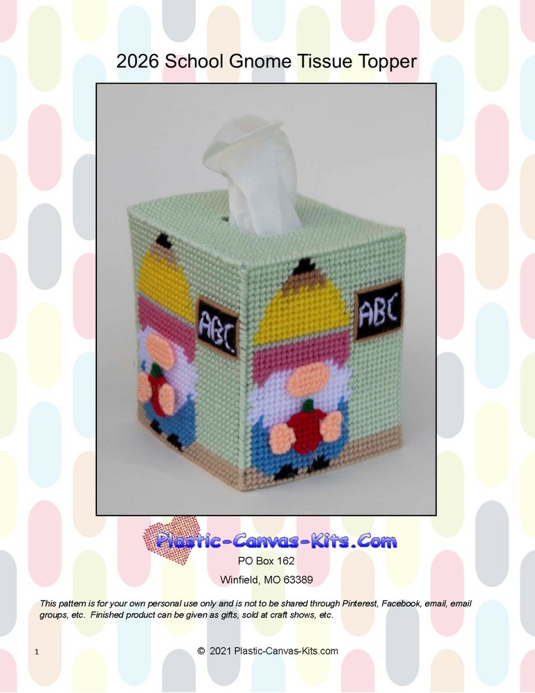 School Gnome Tissue Topper-Plastic Canvas Pattern or Kit