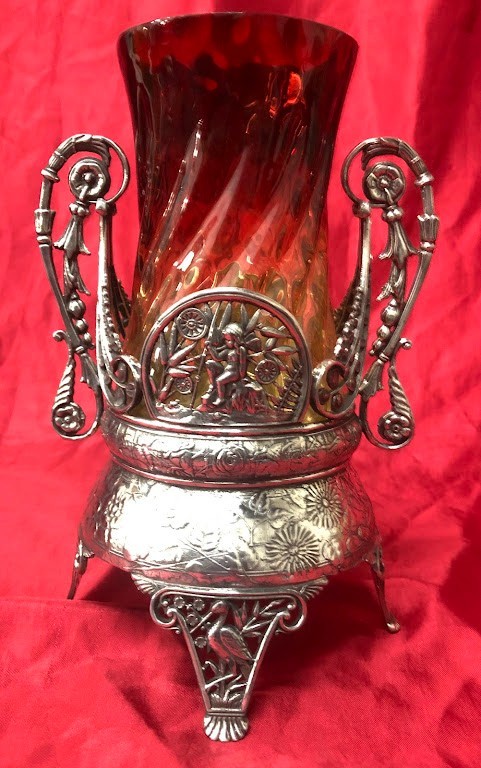 Antique Multi-Colored Glass Celery Vase & Silverplated Castor