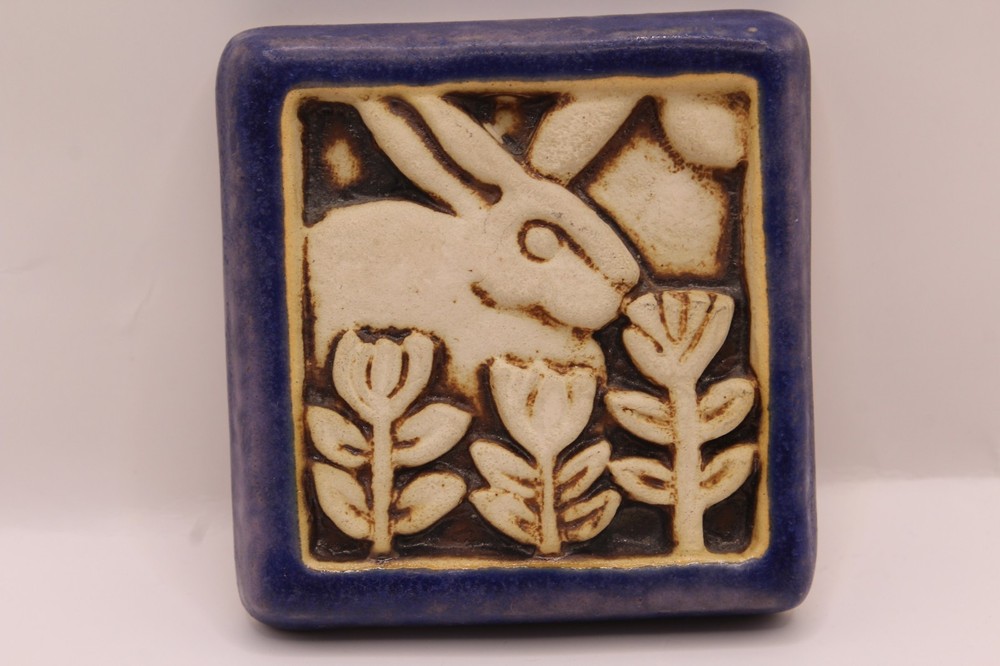 Carruth Studio Art Pottery Ceramic Mini Tile 1996 Rabbit Flowers Spring