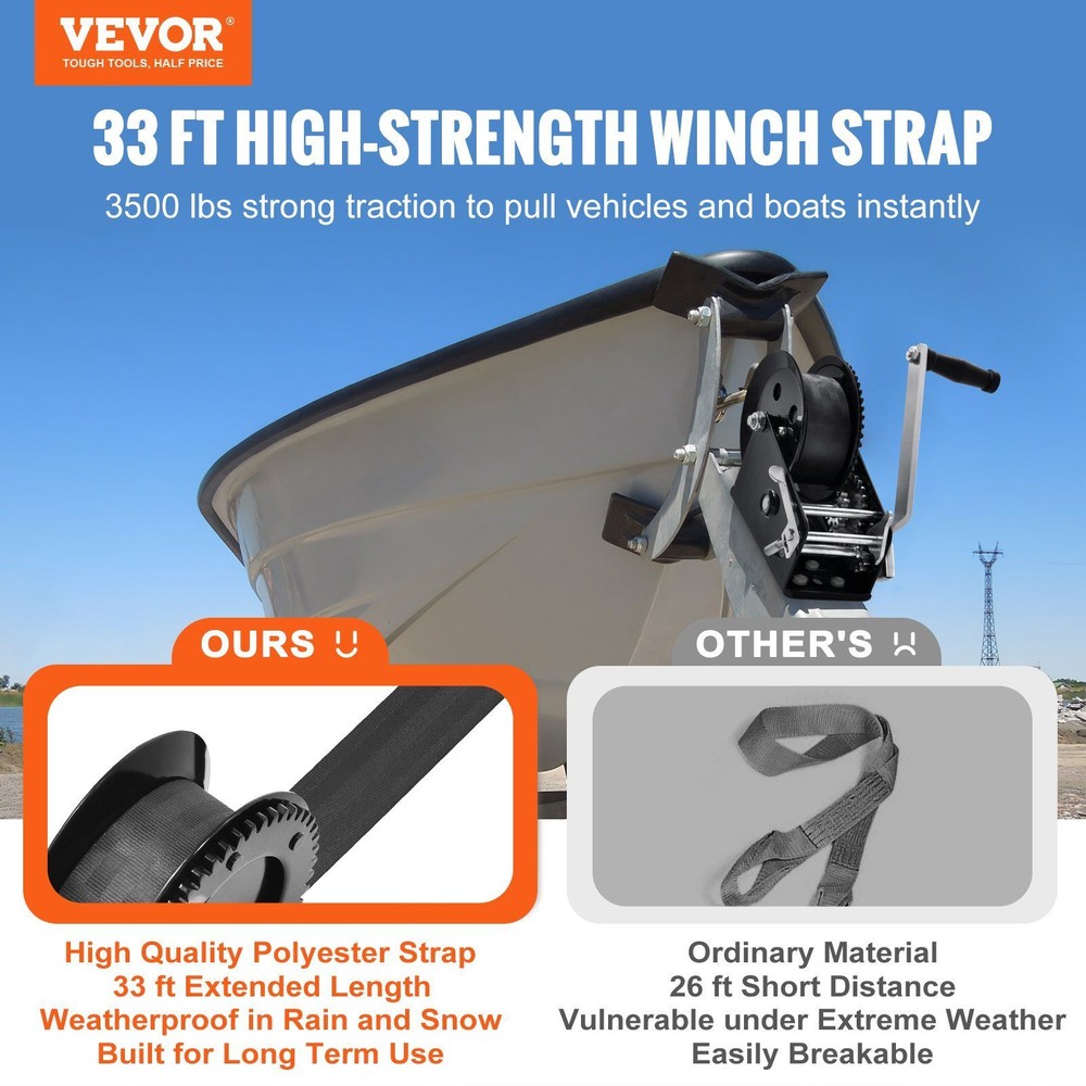 Hand Trailer Winch, Heavy Duty Rope Crank w/33ft Polyester Strap,3500 lb Pulling