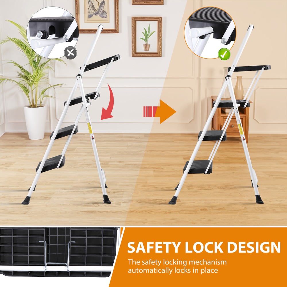 Step Ladder Sturdy 3-Step Ladder with Tool Platform Folding Ladder Lightweight