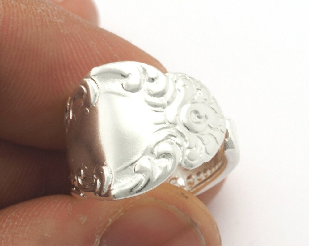 Spoon Ring Flower Patterned Adjustable Shiny Silver Plated Brass 8US size 3221