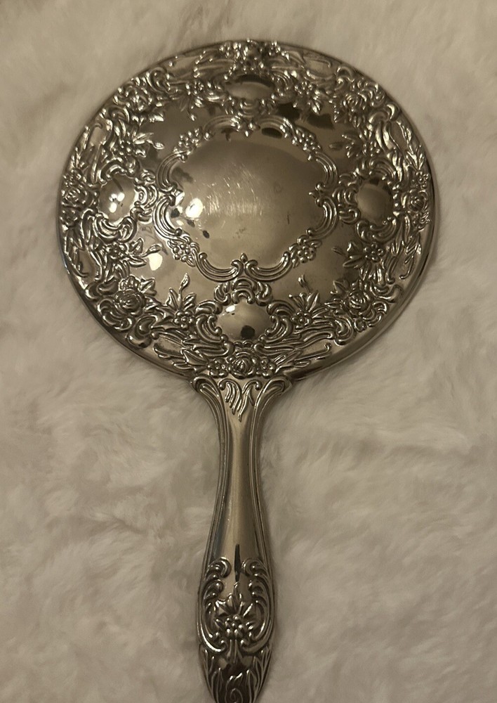 Vintage Silver Plated Scrolled Round Vanity Hand Mirror