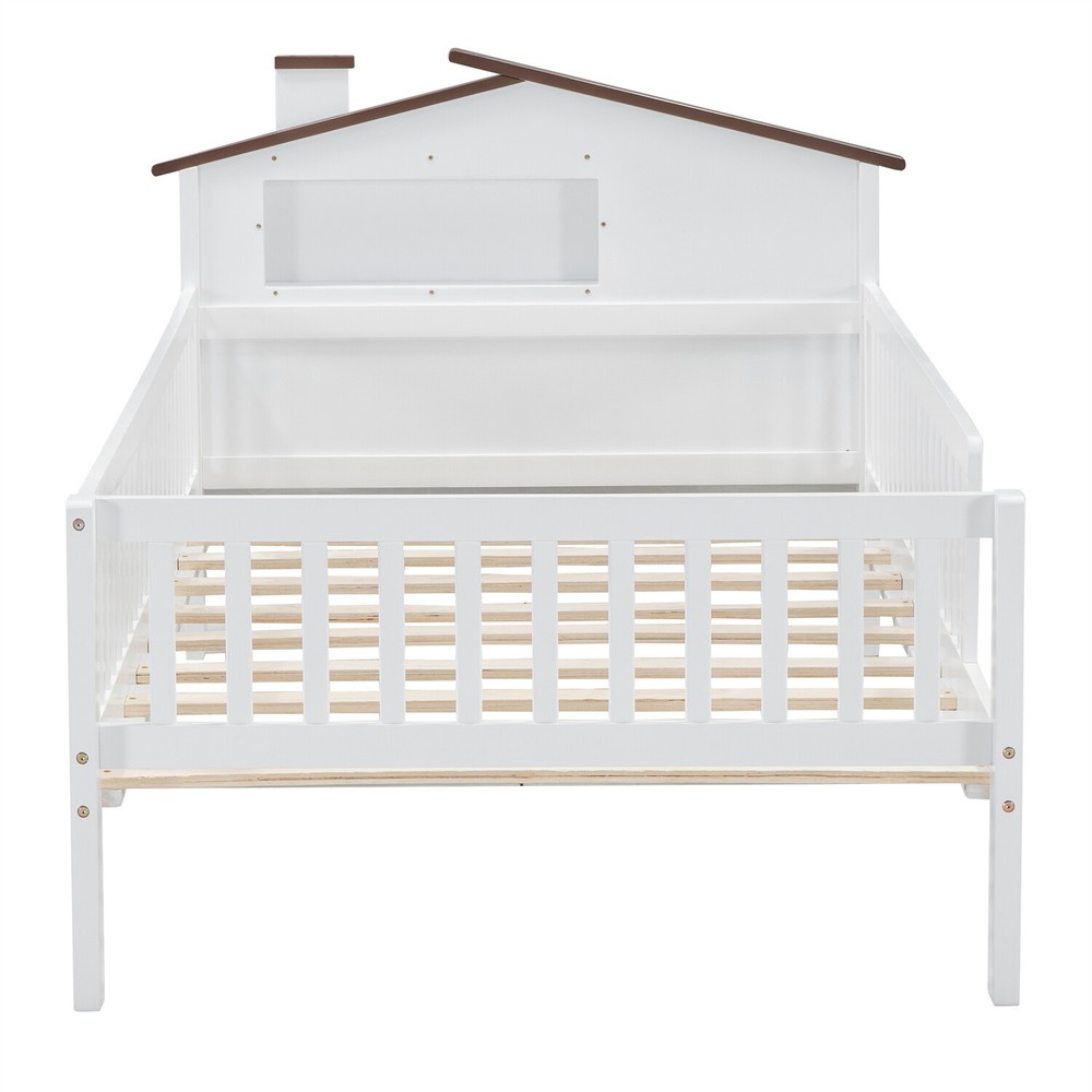 Twin/Full Size Bed Frame Wood Platform Bed with Storage Headboard White/Natural