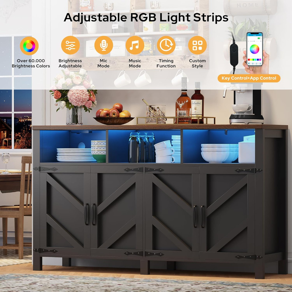 Farmhouse Buffet Sideboard with Storage, Power Outlets & LED Light, 55