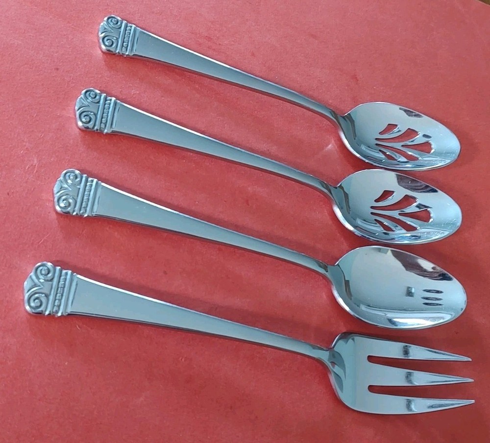4pc Oneida 18/10 MELODIA Stainless SERVING FORK Pierced & Solid TABLE SPOONS