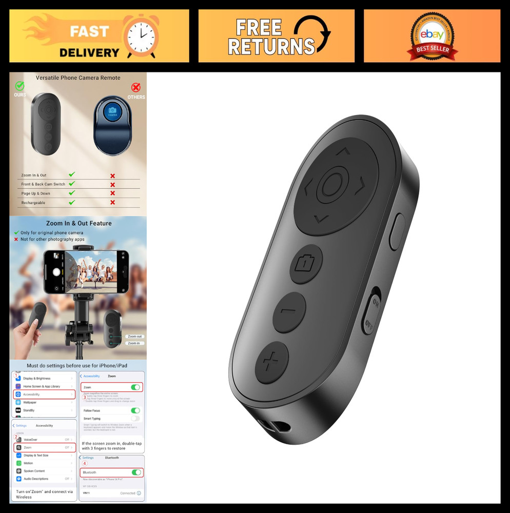 Wireless Camera Remote Shutter for iPhone & Android, Bluetooth Clicker with Zoom