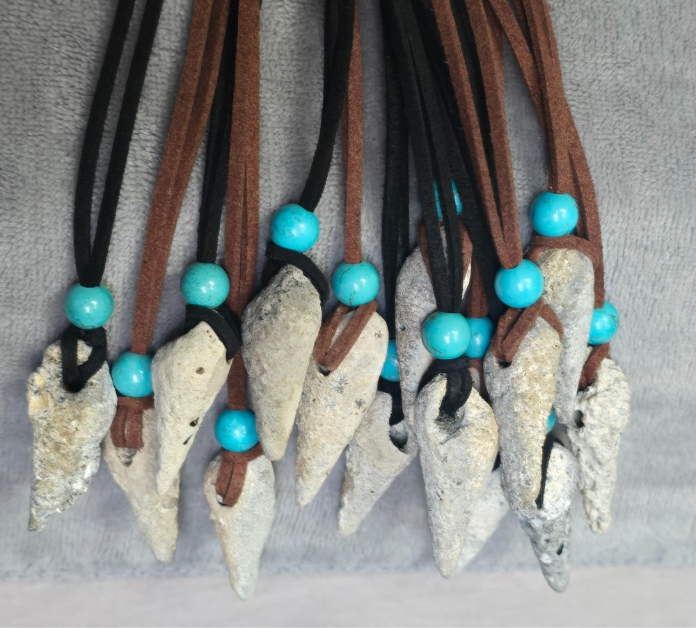 Fossil shell necklaces with turquoise gemstone bead