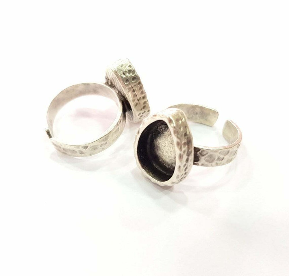 Drop Ring Hammered Blank Base Bezel Setting Antique Silver Brass Adjustable