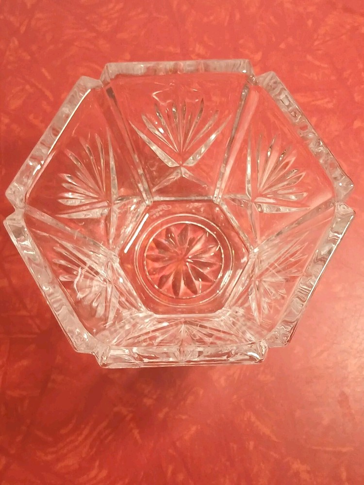 GORHAM CRYSTAL FAN DESIGNS CANDY NUT DISH SEXTAGONAL MARKED