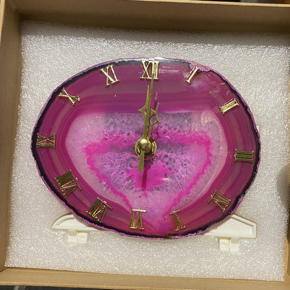 Natural Electroplated Pink Agate Gemstone Crystal Table Clock Home Decor AAA+++