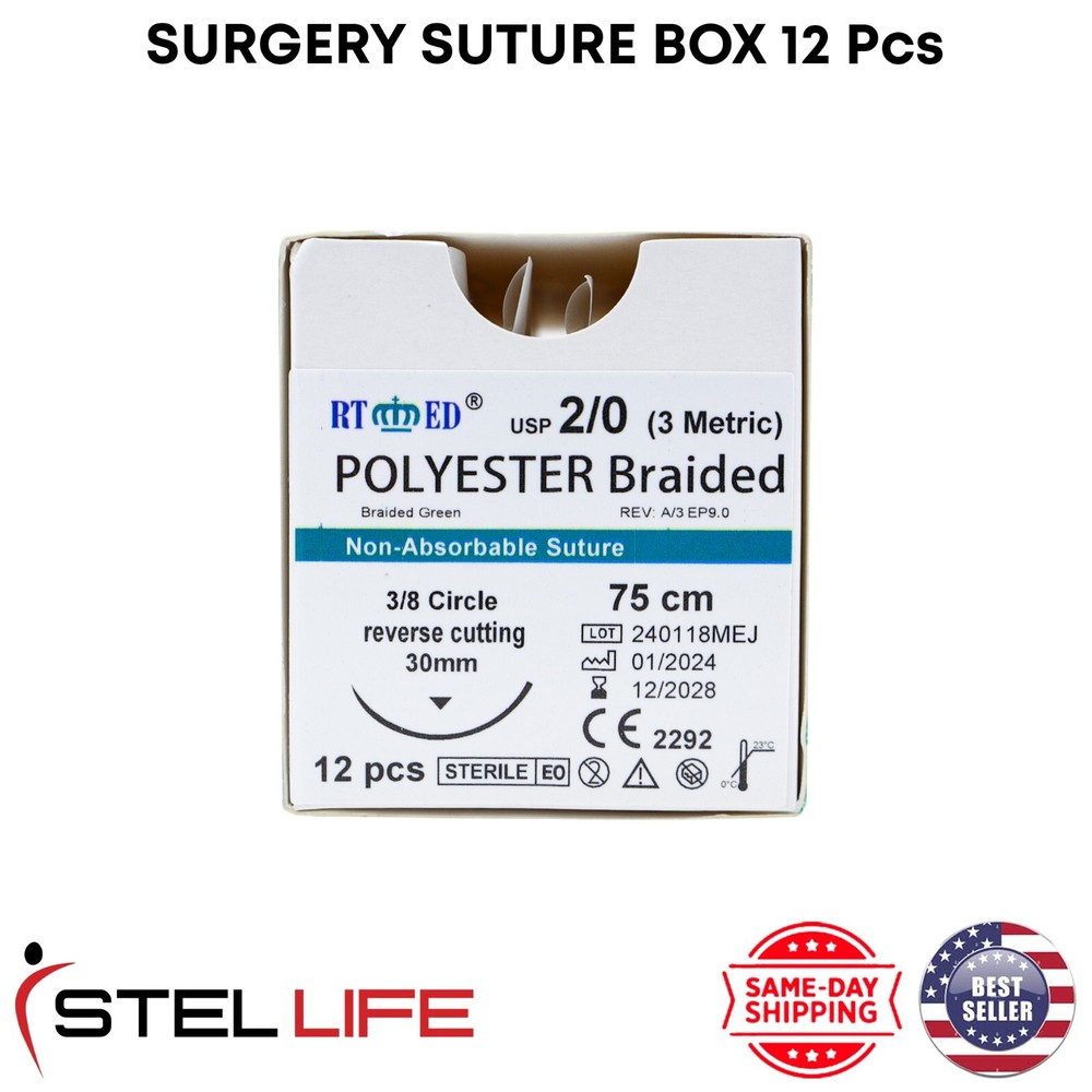 Polyester 2/0 Suture Practice Sutures Thread Sterile 12 Pcs Threads and Needle