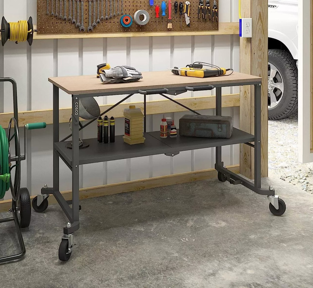 Folding Workbench Work Table w/ Wheels Bottom Shelf Storage for Workshop Garage