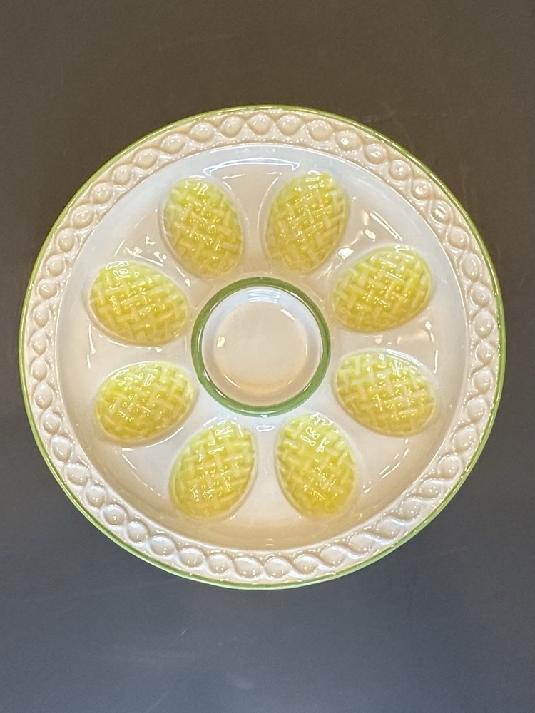 Round Deviled Egg Plate White/Yellow/Green Ceramic Great for Easter Eggs too!