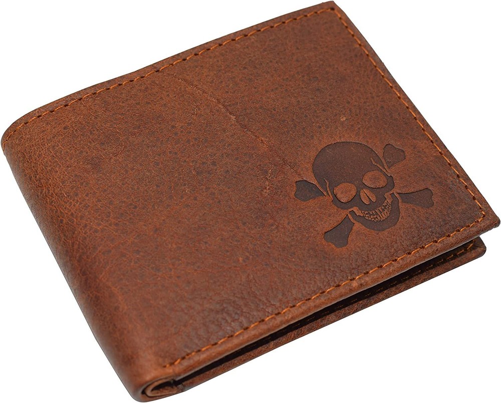 Marshal Skull Bone RFID Blocking Real Leather Bifold Classic Wallet for Men