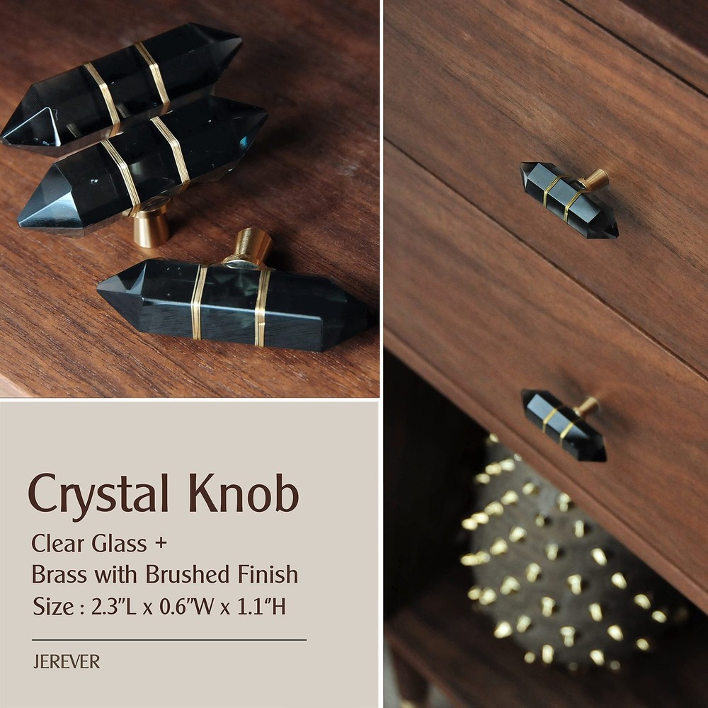 JEREVER 4 Pack Hexagonal Crystal Knobs Wire Wrapped Glass Brass Drawer Pull C...