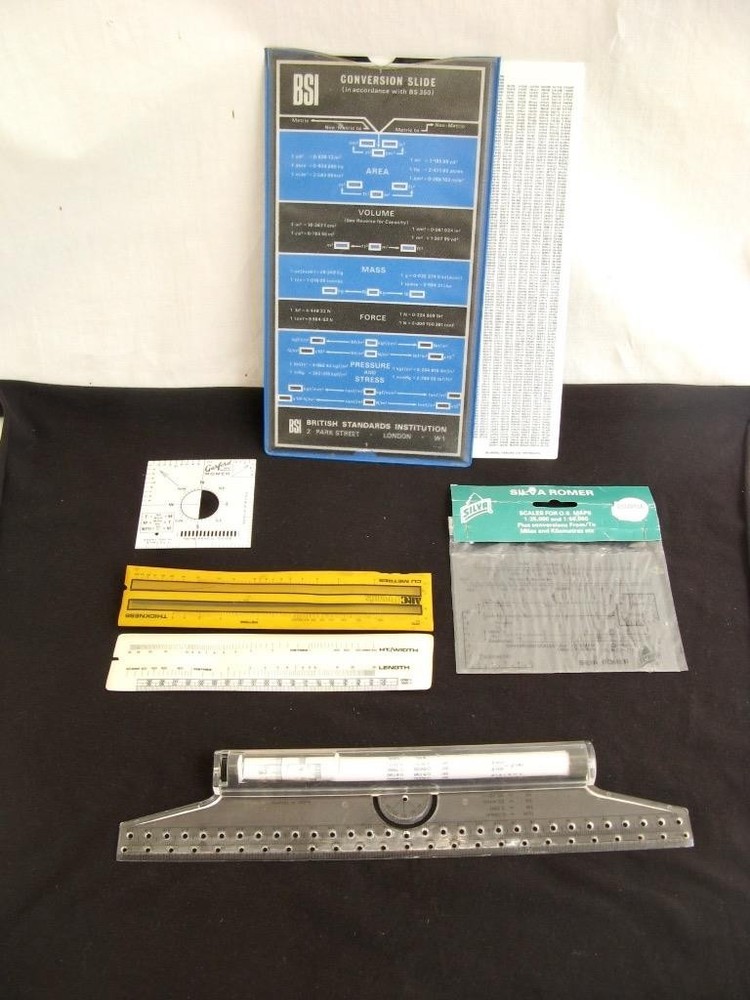 4 specialist vintage analog calculators Map Cement Unit conversion Roller ruler