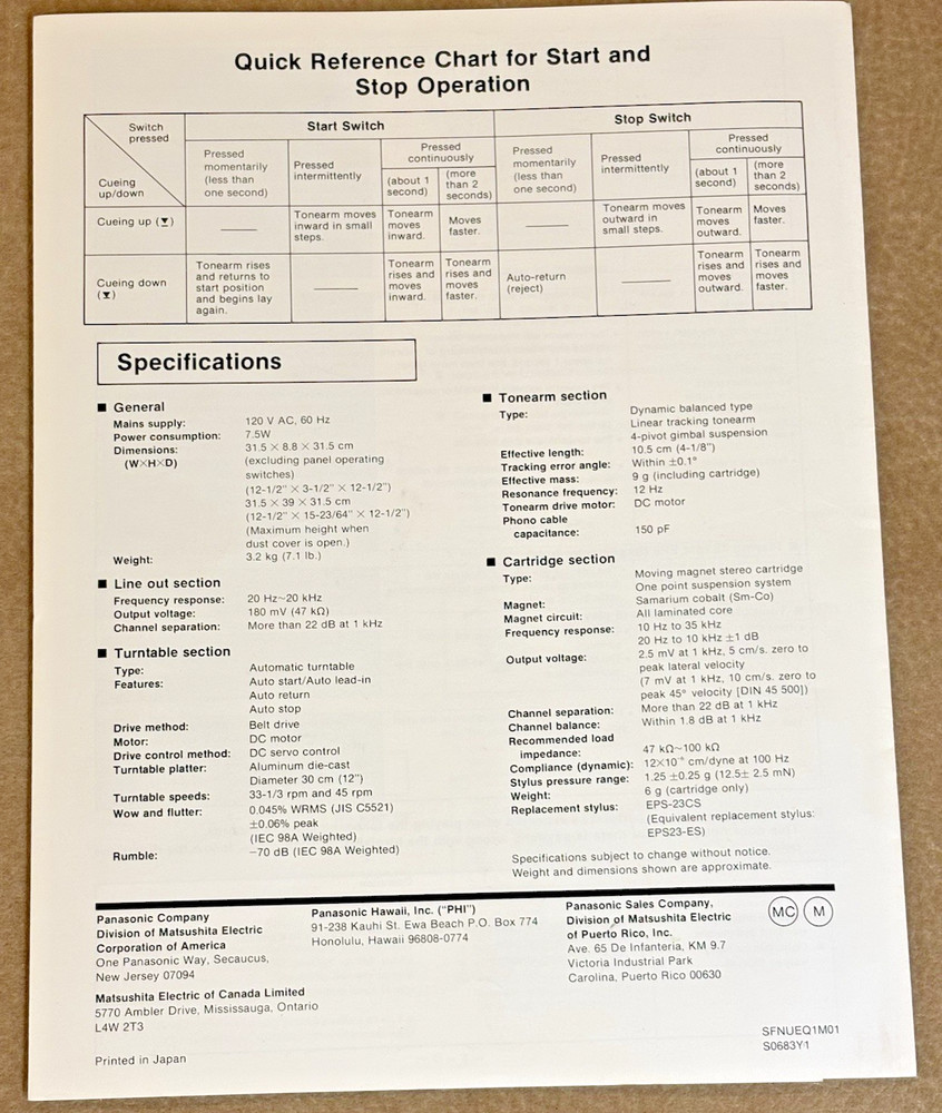 Original Panasonic SL-N15 DC Servo Automatic Turntable Operating Instructions
