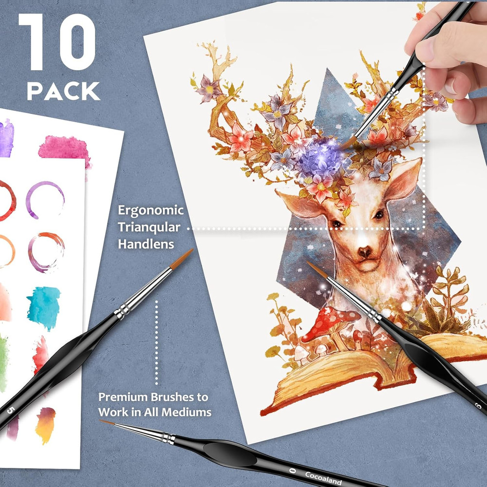 10Pcs Micro Paint Brushes Set with Triangular Handles - for Acrylic, Watercolor,