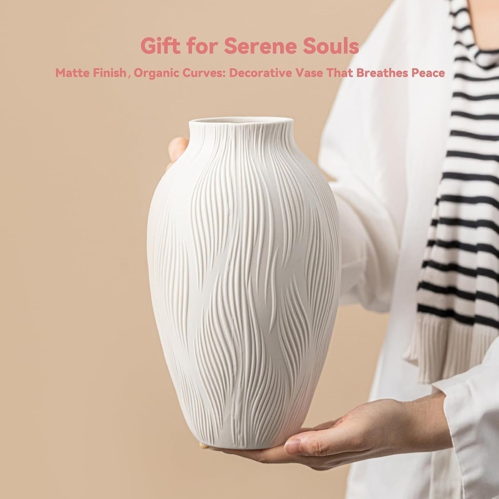 Windblown Texture Vase - White Matte Ceramic with Dynamic Lines, 9.2" Unique Flo