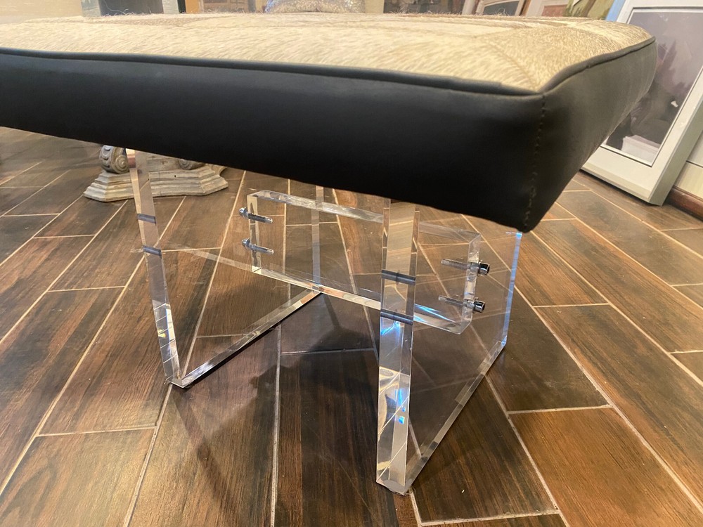 Custom Handmade Patch Cowhide Bench/Stool with Custom Acrylic Base