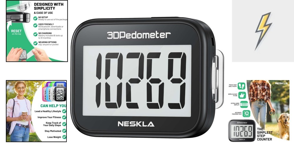 Neskla 3D Pedometer - Accurate Step Tracker with Large LCD Display, Lightweight