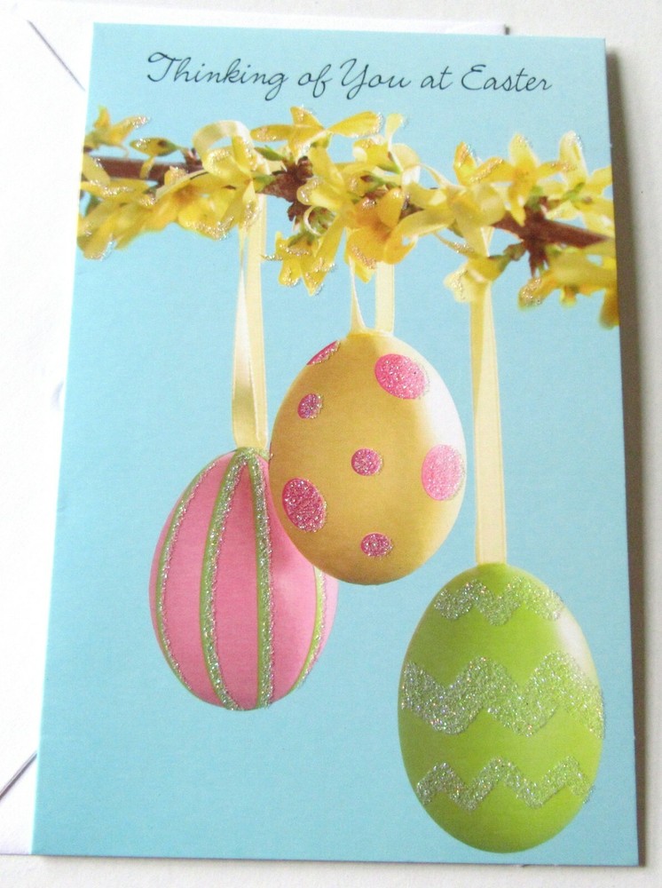 Unused Easter Card Glittery Easter Eggs Hanging From Ribbon AGC