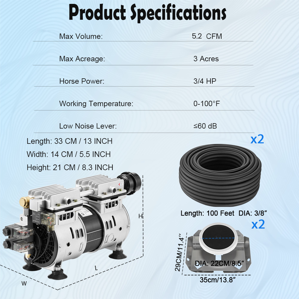 Pond Aerator with Cabinet Touchscreen Controller 200' Weighted Hose 2 Diffuser