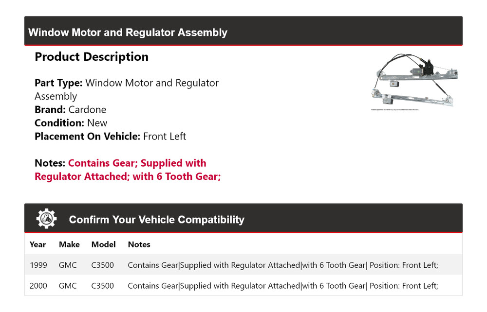 For 1999-2000 GMC C3500 Window Motor and Regulator Assembly Front Left Cardone