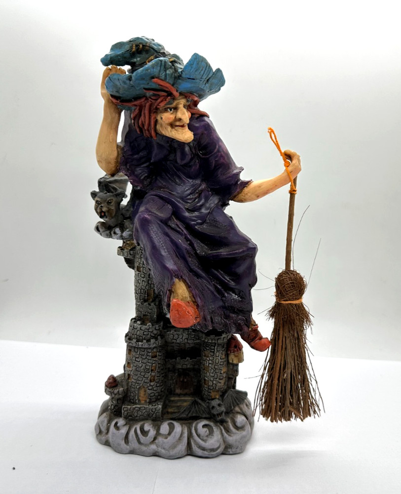 9" Floating Witch Over Castle & Bat Resin Figure