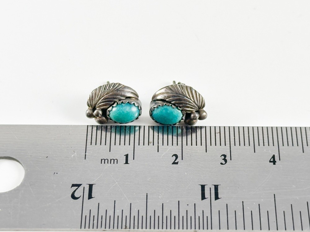Post Native American Signed “K” Sterling Turquoise Earrings Feather Stud