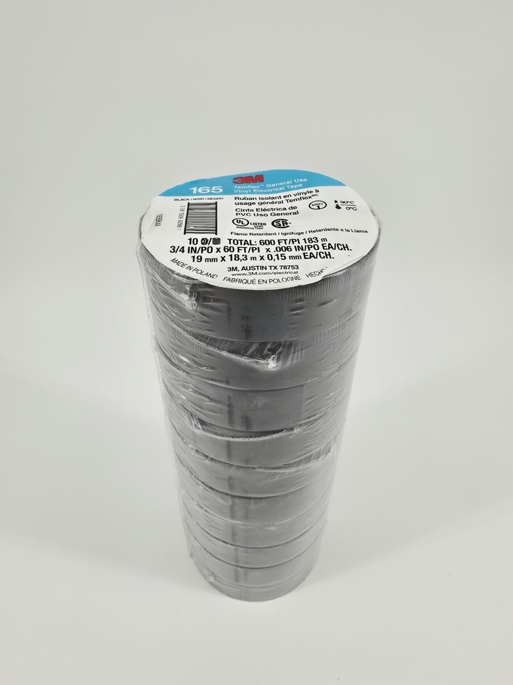 3M Temflex Vinyl Electrical Tape 165 Multi-purpose 3/4" X 60FT Black 10 Roll