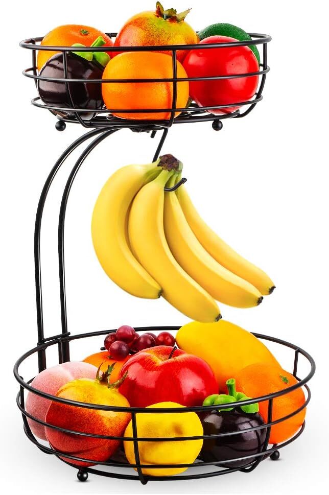 Iron 2-Tier Countertop Fruit and Vegetable Basket Storage Bowl with Banana Hooks
