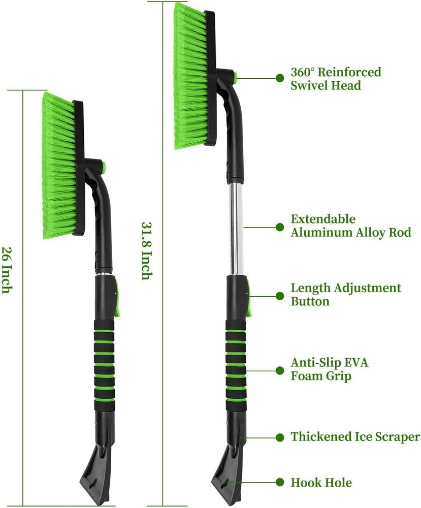 Extendable Snow Brush Ice Scraper Car Windshield Green Rotatable Foam Grip