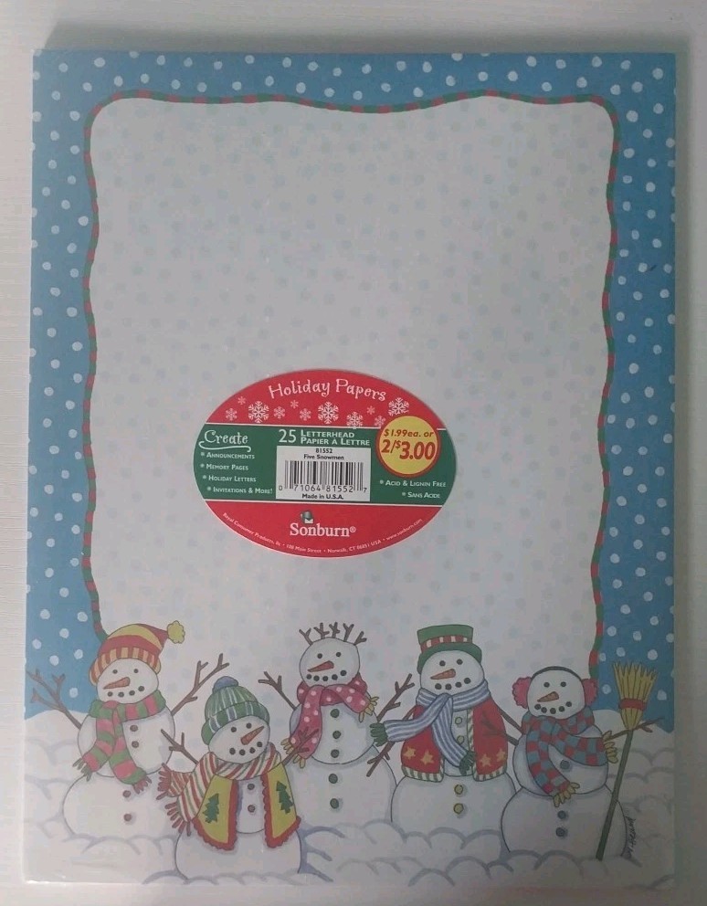 Five Snowmen~Holiday Papers~Sonburn~Letterhead~25 Sheets~NIP
