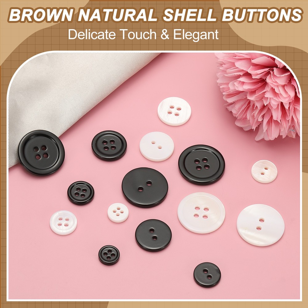 Natural Shell Button 4 Hole Shell Round Sewing Buttons 9 mm & 50 Pack & Black