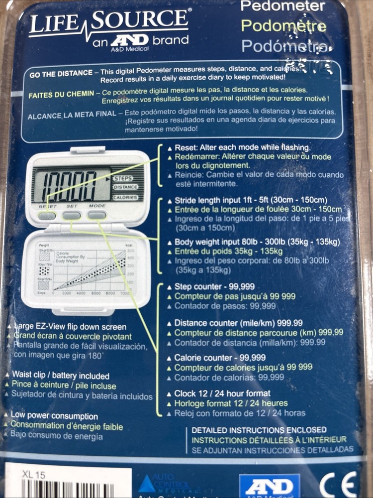 Life Source XL15 Pedometer Step Distance & Calorie Counter 12 / 24 Hour Clock