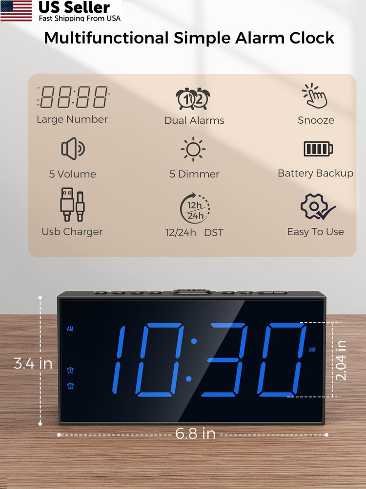 Large Display Alarm Clock for Bedroom, Easy to Read With Basic Digits, Blue