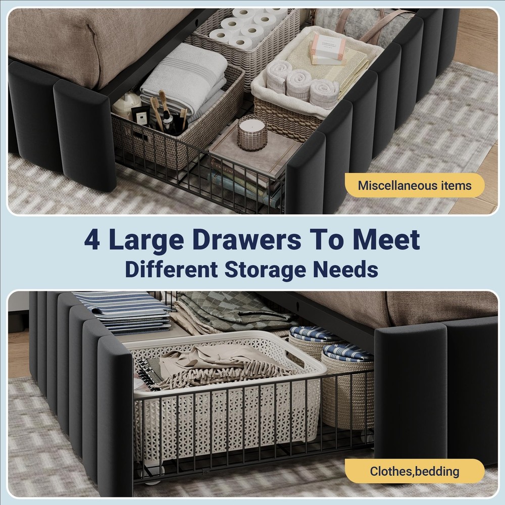 Full Size Platform Bed Frame with 4 Large Storage Drawers, Velvet Vertical Ch...