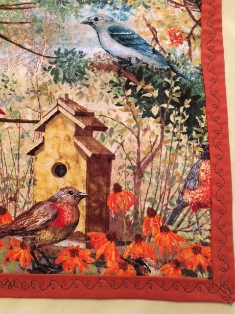Table Runner Birds Birdhouse Pattern Dark Orange Backing - Handmade