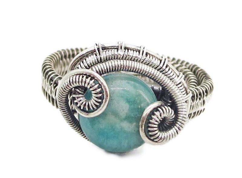 Adjustable Amazonite Wire-Wrapped Ring in Sterling Silver