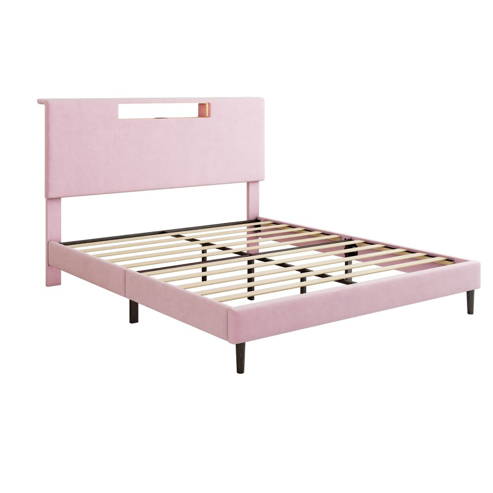 Wooden Bed Frame Full Slat Support Platform Bed With High Headboard LED Lights