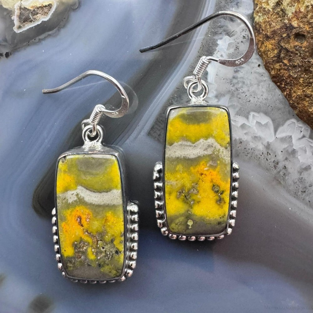 Sterling Southwestern Style Rectangle Eclipse Jasper Decorated Dangle Earrings