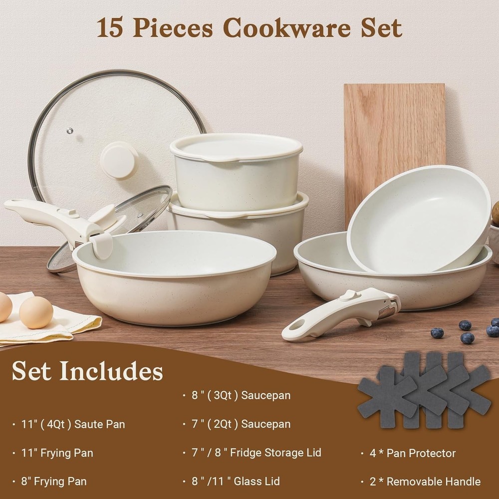 15PC Nonstick Cookware Set Detachable Handle RV Induction Stackable White
