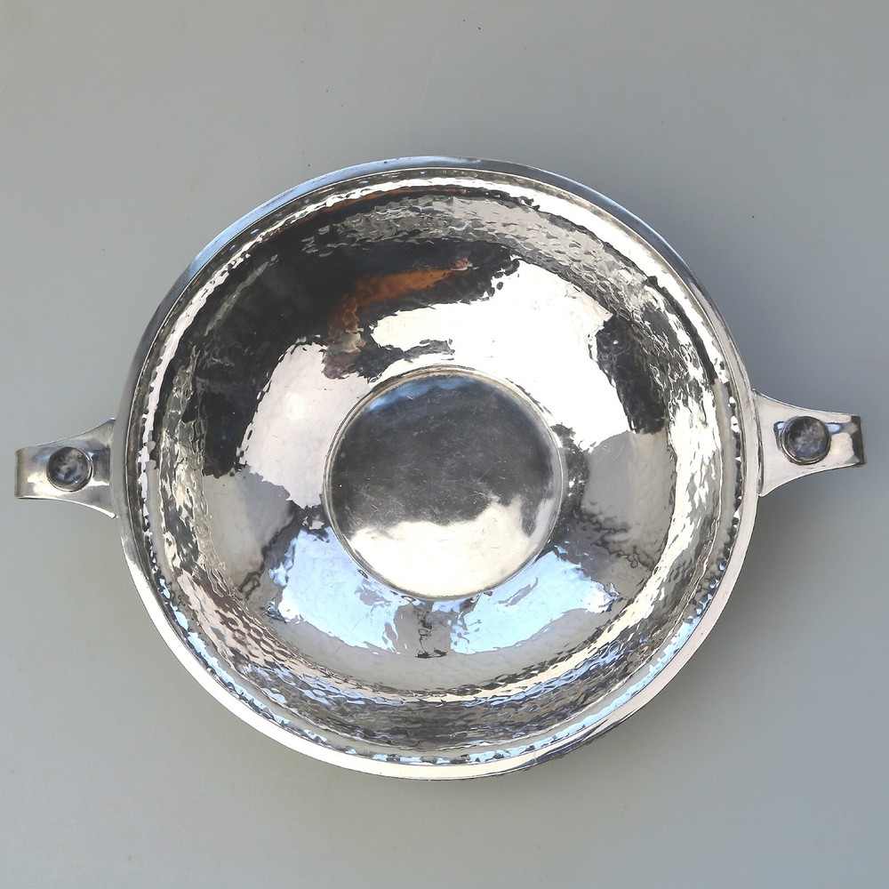 Extremely rare A E Jones cabochon set Arts & Crafts solid silver Bowl 252g 1910